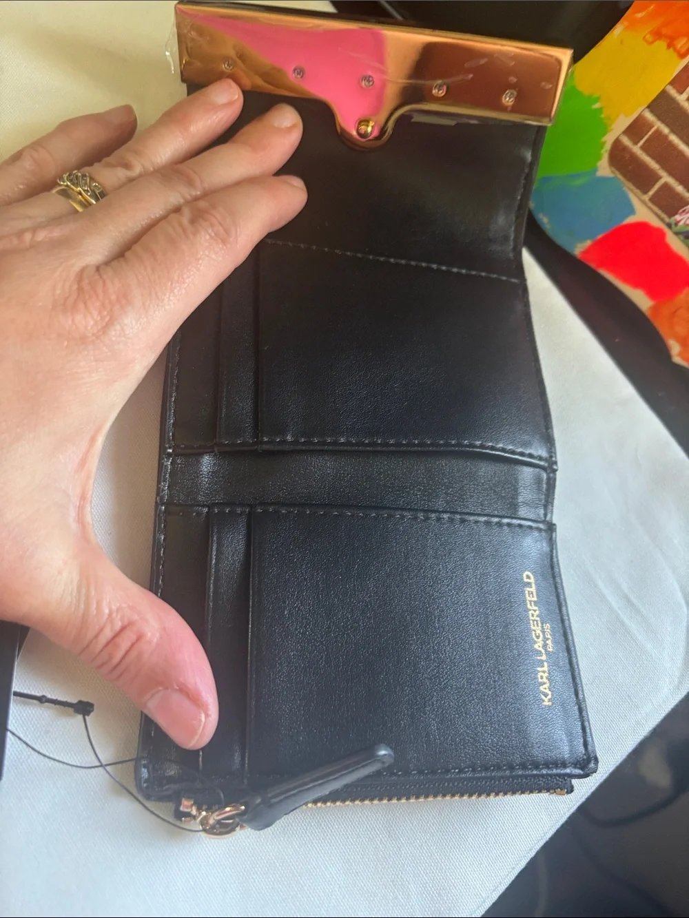 Karl Lagerfeld Black Leather Mini Wallet with Gold Logo Plaque